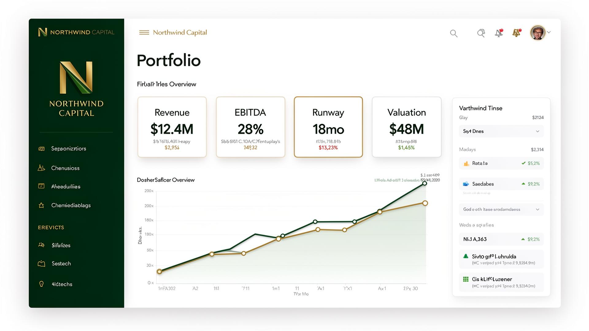 Sample portfolio dashboard re-skinned for a fictional client brand, Northwind Capital